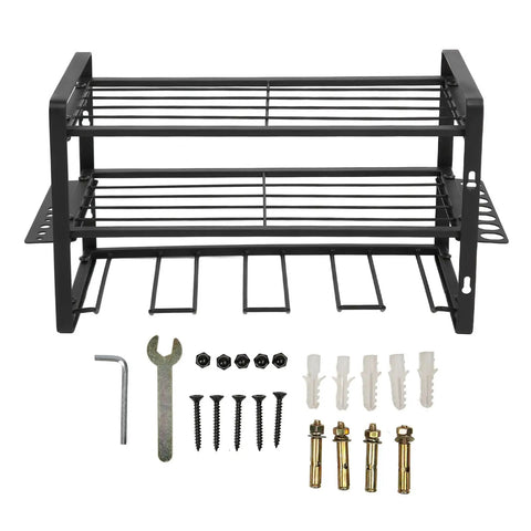 Heavy Duty Wall Mounted Drill Rack Black Steel Tool Holder Featuring 150 Pound Load Rating Quick Screw Assembly System with installation kit.