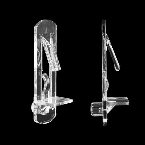 Heavy Duty Clear Shelf Support Pegs With Self Locking Grip For 5/16 Inch Holes And 19/32 Inch Thick Shelves Rock Solid, transparent clips from different angles.