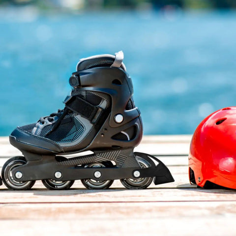 Side view of inline skate with Roller Skate Brake Pad Replacement 4.13 X 3.46 X 1.57 Inch Universal Inline Heel Brake and helmet.