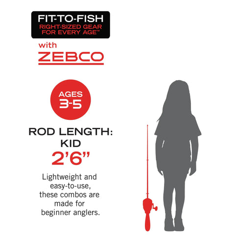 Diagram showing Kids Fishing Rod And Reel Combo, 29 Inch Floatable Spincast Set next to child silhouette ages 3-5, rod length 2'6''