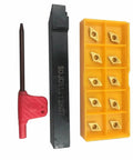 Alloy Steel CNC Lathe External Turning Tool Holder with 10 DCMT070204 Carbide Inserts, red wrench, and orange insert case.