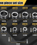 Nine-piece depth stop collar set in metal with sizes 1/8 to 5/8 in and Allen wrench (Amazon)