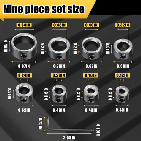 Nine-piece depth stop collar set in metal with sizes 1/8 to 5/8 in and Allen wrench (Amazon)