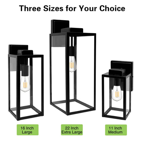 Three sizes of outdoor wall lanterns showcasing the Big 16 Inch Outdoor Wall Lantern With Glass Shade Waterproof Exterior Sconce.