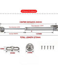 Diagram of Two Pack Soft Close Toy Box Hinges With 100N Gas Strut Safety Lid Support, showing dimensions and components, matte silver finish