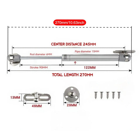 Diagram of Two Pack Soft Close Toy Box Hinges With 100N Gas Strut Safety Lid Support, showing dimensions and components, matte silver finish