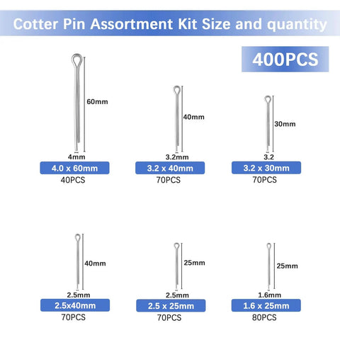 Image showing 400 hairpin cotter pins in assorted sizes for 620 Pcs Cotter Pins Assortment Kit With Hairpin Cotter Pins And R Clips In 12 Sizes.