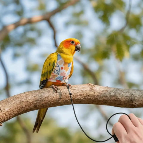 Parrot wearing Anti Pinch Bird Flight Suit For Parrots And Small Birds, Prevent Loss, Adjustable Walking And Training Gear, on branch