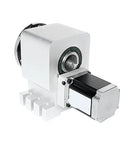 100Mm Center Height Cnc Rotary A Axis 4-Jaw Chuck Paired With Nema23 Stepper Motor showing precise construction and motor detail.