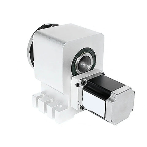 100Mm Center Height Cnc Rotary A Axis 4-Jaw Chuck Paired With Nema23 Stepper Motor showing precise construction and motor detail.