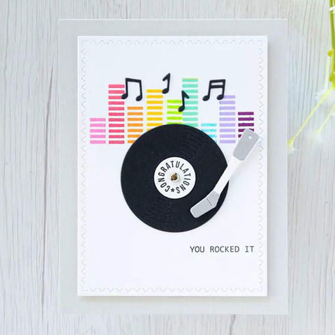 Music CD Style Clear Stamp And Die Set for card making and scrapbooking with vinyl record design and music notes