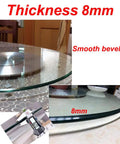 Tempered Glass Turntable With 360 Degree Spin Large Diameter Dining Tray for kitchen table showing 8mm thickness and smooth edges