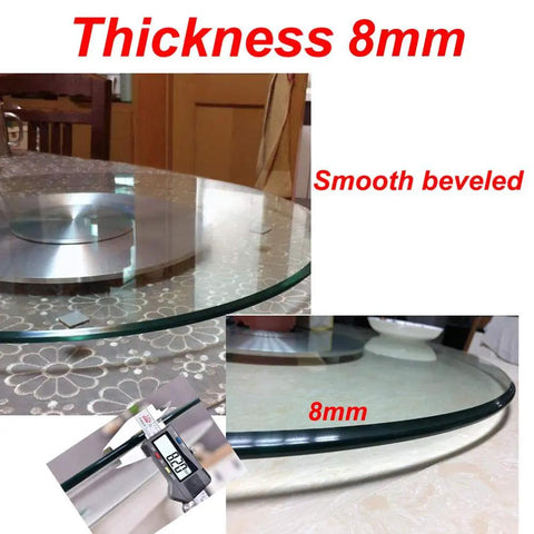 Tempered Glass Turntable With 360 Degree Spin Large Diameter Dining Tray for kitchen table showing 8mm thickness and smooth edges