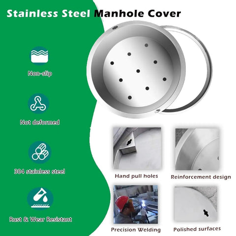 Beefed Up Heavy Duty Round Manhole Cover Set With Adjustable Diameter From 300mm To 900mm For Lawn And Garden Reinforced Steel Bar Construction Safe And Durable Outdoor Drainage Solution 29.5 Inch Diameter. Stainless steel construction with non-slip surface.