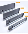 Four sizes of gray undermount drawer slides for soft close cabinets, hidden install, slick slim tandem design, 88mm to 184mm high
