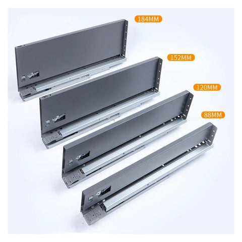Four sizes of gray undermount drawer slides for soft close cabinets, hidden install, slick slim tandem design, 88mm to 184mm high