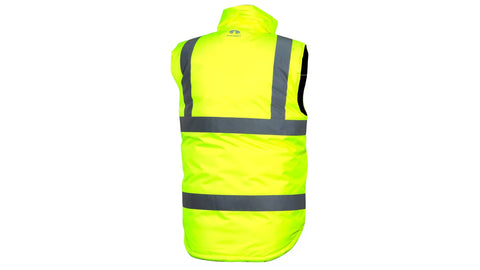 Class 2 Hi Vis Winter Work Vest Xl back view, padded construction, bright yellow with reflective stripes, ideal for outdoor work.