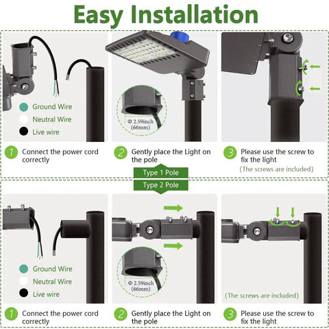 Step-by-step installation guide for 300W LED Parking Lot Light with Adjustable Slip Fitter Mount Dusk To Dawn Photocell 5000K Daylight.