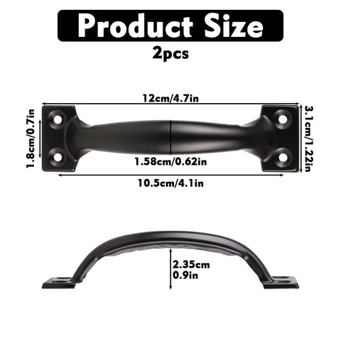 2 Pack 5 Inch Black Iron Garage Door Handles Outdoor Pull Handles For Barn Gates Fences Cabinets Furniture And Wardrobes Heavy Duty Durable Weatherproof Exterior Interior Mounting Hardware, shown with dimensions