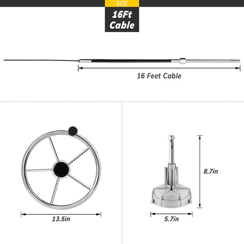 Marine Steering Control Cable 16 Foot Outboard Steering Kit With Three Quarter Inch Standard Tapered Shaft Heavy Duty Cast Steel And Stainless Construction Saltwater Ready For Yachts And Other Watercraft Easy Rudder And Wheel Mounting