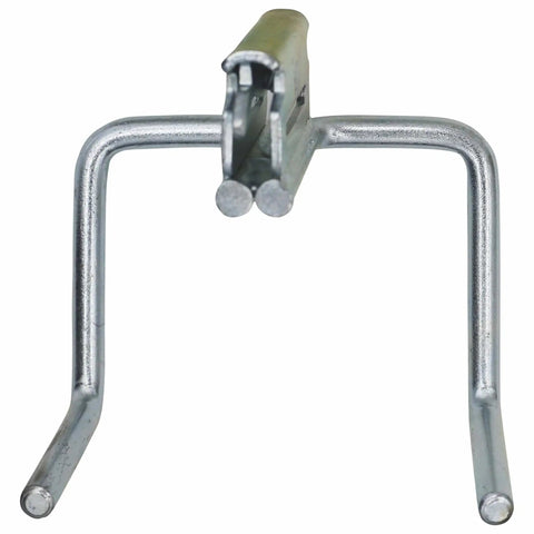 Front view of Heavy Duty Dual Arm Tool Hook for E Track and X Track, zinc steel, for storing tools like brooms and rakes, 200 lb capacity.