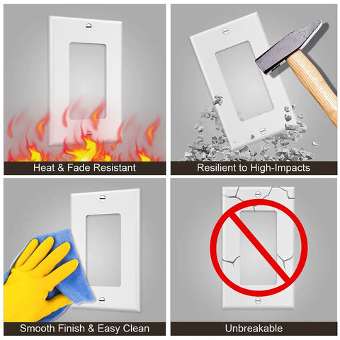 One Gang Decorator Wall Plate Cover 10 Pack for Light Switches and Receptacles Dimmers GFCI USB Outlets White Finish, showing features like heat resistance and impact resilience.
