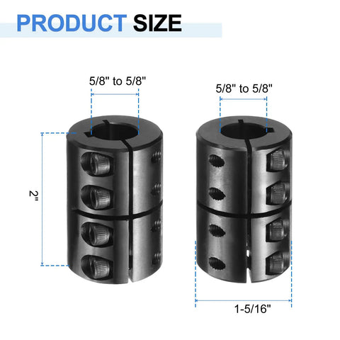 Rigid Shaft Coupling Five Eighths To Five Eighths Bore Outside Diameter One And Five Sixteenths Inch Two Inches Long Black Oxide Coated Single Split Clamping With Set Screws 10-32 By One Half Inch Perfect For 3D Printer Motors And Wheel Drives, size diagram
