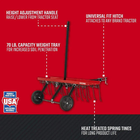 40 Inch Tow Behind Lawn Dethatcher Beast With 20 Durable Spring Steel Tines, Universal Hitch Fits Any Lawn Tractor, red frame