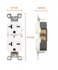 Front and side view of Heavy Duty 20 Amp 250 Volt NEMA 6-20 Duplex Receptacle White 10 Pack Industrial Grade Wall Outlet