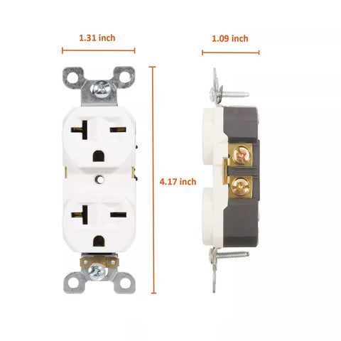 Front and side view of Heavy Duty 20 Amp 250 Volt NEMA 6-20 Duplex Receptacle White 10 Pack Industrial Grade Wall Outlet