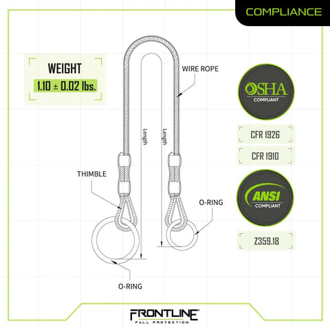 Diagram of Lightweight Portable 4 Foot Wire Rope Choker Anchor for Fall Protection, galvanized steel, showing OSHA and ANSI compliance.