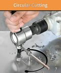 Double Head Sheet Metal Nibbler Drill Attachment Kit for home DIY, showing circular cutting on metal with ergonomic grip tool