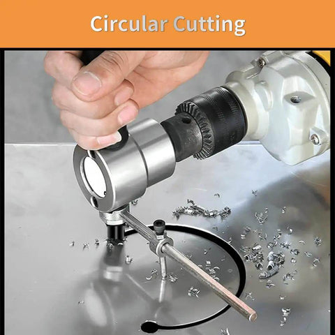 Double Head Sheet Metal Nibbler Drill Attachment Kit for home DIY, showing circular cutting on metal with ergonomic grip tool