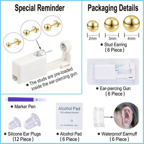 Disposable Ear Piercing Gun Kit For Cartilage With 2mm 3mm 4mm Studs, Includes Six Piercing Guns, Marker Pen, Cleaning Pads, Waterproof Ear Covers, And Silicone Earring Backings; kit contents view