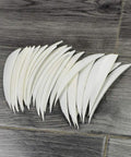 Top Notch Turkey Feather Fletching For Arrows 4 Inch Or 5 Inch Right Wing White 50 Pack on wooden floor