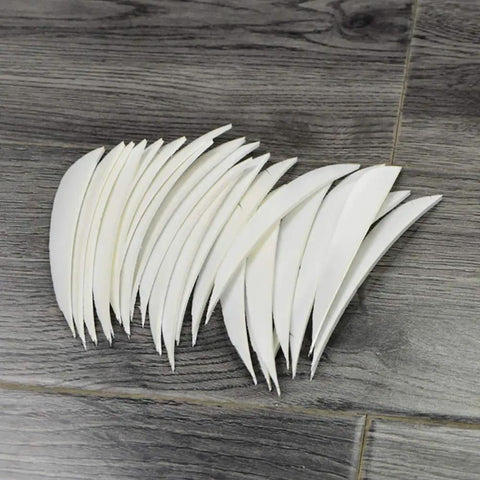 Top Notch Turkey Feather Fletching For Arrows 4 Inch Or 5 Inch Right Wing White 50 Pack on wooden floor