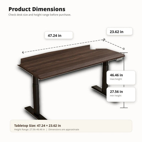 Solid Rubberwood Electric Standing Desk With Crisp Walnut Top, Smooth Single Motor Lift, dimensions of 47.24 x 23.62 in shown.
