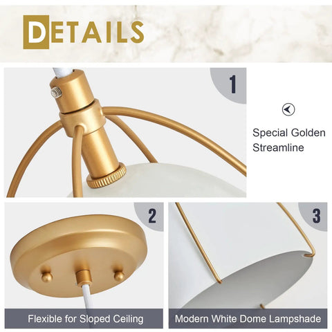 Two Pack Modern Dome Pendant Lights, 1 Light Each, White Dome With Gold Trim, Perfect Kitchen Island Fixture For Dining Room Hallway Bar Or Sink Area, Clean Minimalist Look That Elevates Any Space