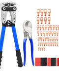 All In One Cable Lug Crimping Tool Kit With 50 100 200 Pcs Copper Wire Lugs For AWG 10 To 1/0 Includes Cable Cutter And 80 Pcs Heat Shrink Tubing In Red And Black For Battery Terminals Solar Marine Vehicles Wiring