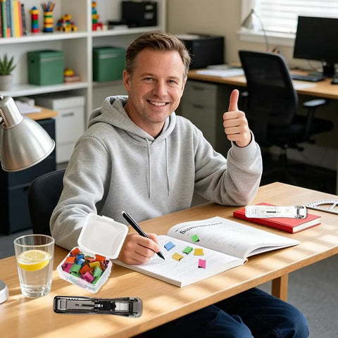 Man using Portable Binder Clip Stapler Set With Reusable Clip Dispenser And 100 Metal Refills at home office desk.