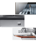 Hassle Free Plug And Play Slick Countertop Dishwasher Fully Automatic Mini Desktop Cleaner showing opened front with plates inside.