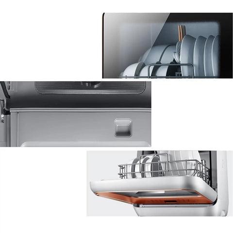 Hassle Free Plug And Play Slick Countertop Dishwasher Fully Automatic Mini Desktop Cleaner showing opened front with plates inside.
