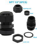 Thirty Pack One Half Inch NPT Cable Glands In Black For Safer Wiring Strain Relief And Quick Plug And Play Install Durable Weather Resistant And Easy To Use In Electrical Boxes. Black nylon 1/2 in NPT cable gland parts shown