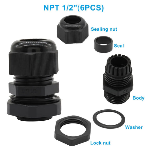 Thirty Pack One Half Inch NPT Cable Glands In Black For Safer Wiring Strain Relief And Quick Plug And Play Install Durable Weather Resistant And Easy To Use In Electrical Boxes. Black nylon 1/2 in NPT cable gland parts shown
