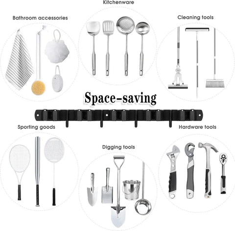 Heavy Duty Wall Mount Mop And Broom Holder Built Tough With 5 Racks And 4 Hooks Stainless Steel Tool Organizer holding various items