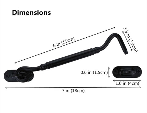 Heavy Duty 6 Inch Black Door Latch And Gate Latch With Rustic Cabin Hook And Eye Privacy Lock dimensions shown