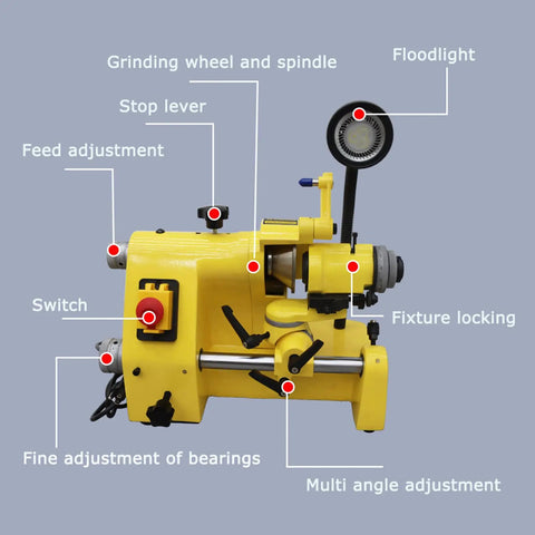 Pro Grade Heavy Duty Universal Cutter Grinder Sharpener Multi Function Bench Machine For Drill And Lathe Tools Comes With Full Collet Kit 110V showing features like grinding wheel, floodlight, and adjustments.