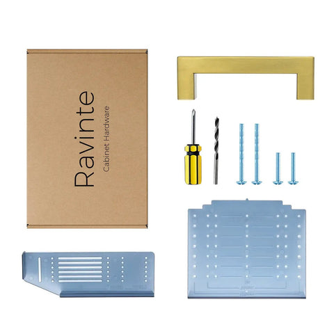 Packaging and items of 25 Pack 4 Inch Gold Cabinet Pulls Brushed Brass Square Hardware For Kitchen Cabinets And Drawers 102mm Center To Center Hole Center Easy Install With Two Screw Sizes To Make Your Cabinets Look Fly
