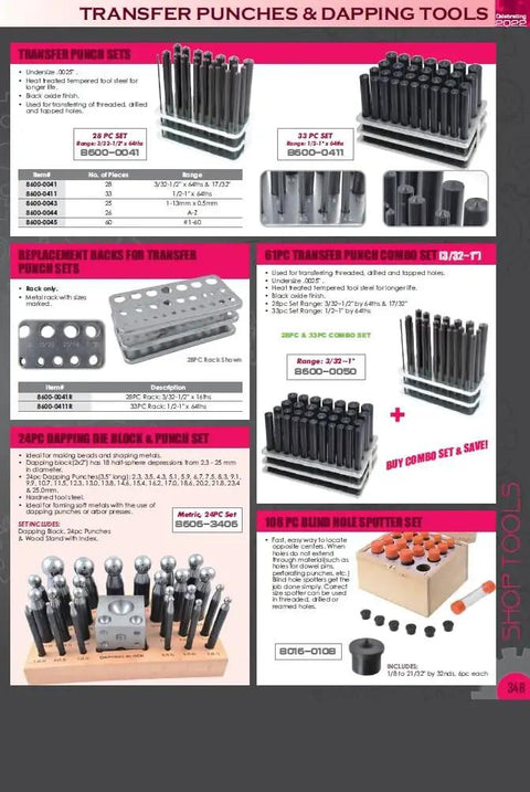 28 Piece Transfer Punch Rack With Marked Sizes 3/32-1/2 In By 64ths And 17/32 In Metal Punch Holder Keeps Your Tools Sorted For The Shop Or DIY Bench And Mounting Setup Punches Not Included, featuring a display of organized punch racks and dapping tools.