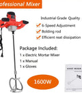 Heavy Duty Cement Mixer 1600W 110V Adjustable 6 Speed Concrete Mortar Drill Mixer for Home Projects Handheld Plaster Grout Tool